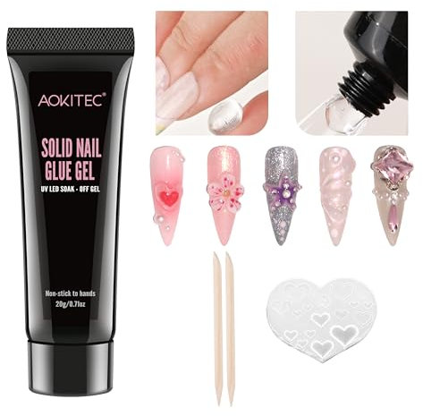 Aokitec 3D Nail Gel 20g, Solid Nail Glue Gel, 3D Sculpting Nail Gel with Silicone Mold for Drawing Nail Charms Nail Art Rhinestone Decorations, No-Stick Nail Sculpting Gel, UV Curing Needed