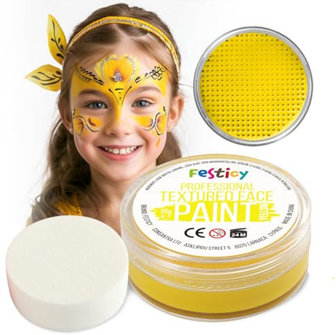 Festicy Profi Theaterschminke Gelb, 20g inkl. Schwamm I Schminke Karneval 2025, Schminke Biene, Faschingsschminke Erwachsene, Schmetterling Schminke, Kinder Schminke Fasching, EN 71-3 Zertifiziert