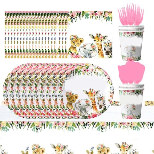 Jungle Safari Theme Party Tableware Set, Jungle Theme Birthday Tableware, Jungle Animal Party Tableware, Packing Plates Napkins Paper Cups Tablecloths and Others, Suitable for 20 People, 81Pcs