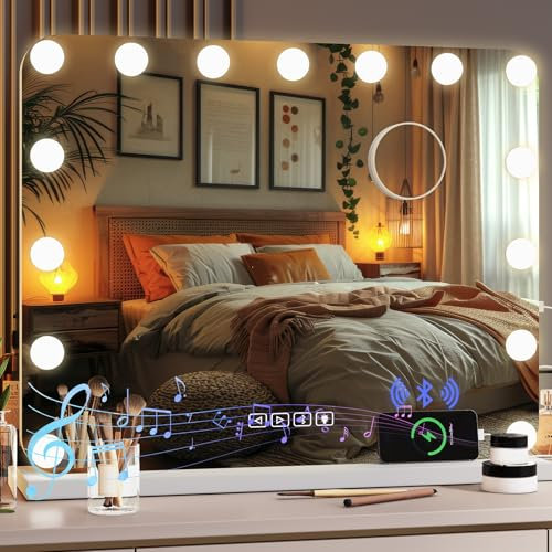 Bluetooth Hollywood Vanity Mirror with Lights, 58 × 46 cm Wall Mounted Mirror with 15 Dimmable LED Bulbs, 3 Color Modes, Touchscreen Control 10X Detachable Magnification Makeup Mirror for Bedroom