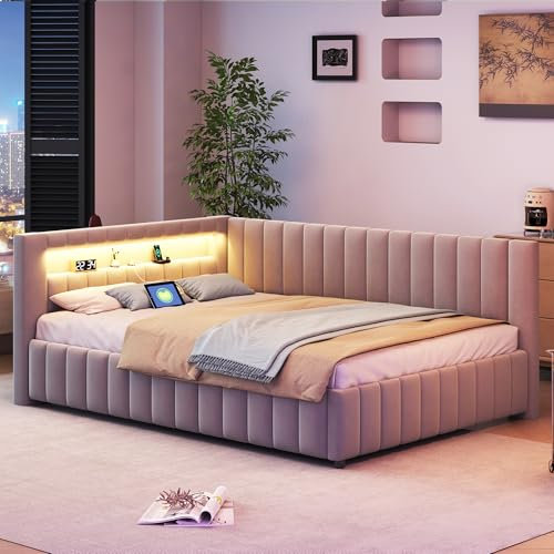 KEYIDE Polsterbett Schlafsofa 140x200 mit LED-Beleuchtung und Aufladen USB, Bettgestell mit Lattenrost aus Holz, Daybett Tagesbett Gästebett Jugendbett, Samtstoff, Ohne Matratze (Hellgrau, 140 x 200)