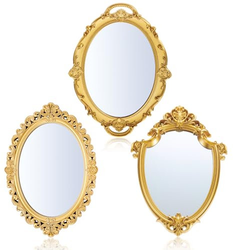 Beeveer 3 Stile Vintage Gold Spiegel Set Dekorativer ovaler Wandspiegel Kleiner Antiker Ästhetischer Hängespiegel Retro Wandspiegel für Schlafzimmer Wohnzimmer Kommode Dekor