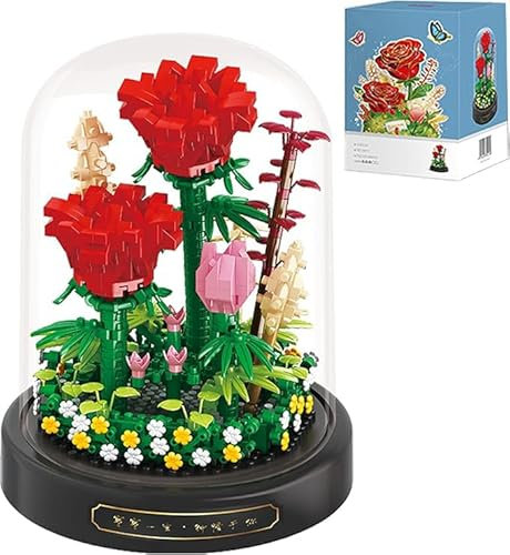 GaoDeBuChou Rose Flowers Micro Building Set,Flower Bouquet Botanical Toys Gifts for Boys Girls Age 10 11 12 13 14+ Teens Adults,Not Compatible with Major Brands(593PCS With Light String Dust Cover)