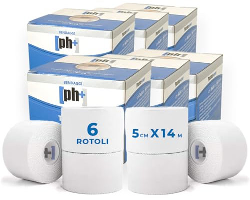 PHARMA+SPORT Nastro Adesivo Sportivo 5 cm x 14 m - Cotone Anelastico, Supporto Massimo per Articolazioni, Alta Adesività - Bianco Conf. 6 Pezzi