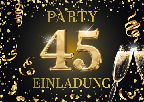 Edition Colibri Einladungskarten zum 45. Geburtstag, 10 Stück, Format A6, Karten-Set, Einladung, zum Beschriften, Party schwarz, gold (11175 DE)