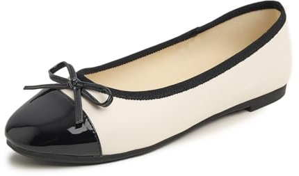 Feversole Women's Bow Tie Fashion Dress Slip On Shoes Round Toe Ballet Beige Toe Cap UK Size 6