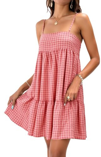 Imily Bela Robe d'été pour femme, ligne A, robe de plage, sans manches, mini robe à carreaux, avec poches, ample, rouge, L