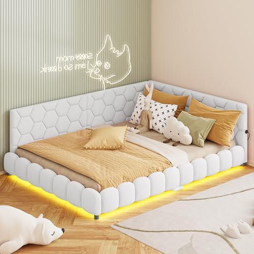 PerGar Polsterbett 140x200cm mit LED, Schlafsofa mit USB Ladebuchse, Jugendbett mit Samt und MDF, Bettgestell mit Lattenrost, Bequemes Bettsofa und Gästebett, ohne Matratze (Weiß)