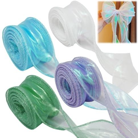 Schillerndes Organzaband 4PCS, 4cm x 9M Geschenkband, Weiß Blau Grün Lila | Schimmernd und Transparent Tüllband Chiffonband Glänzend Schleifenband für Hochzeit DIY Verpackung Dekoration, Blumenstrauß