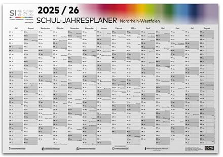 SIGNZ Schulkalender NRW 2025-2026, XXL, 98 x 68cm, inkl. Ferien und Feiertagen, CO2-neutral hergestellt, made in Germany