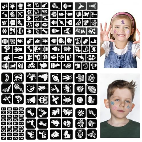 LOPHE Tattoo Schablonen Kinder, 16 Blatt Glitzertattoos Schablonen Wiederverwendbare, Kinderschminke Schablonen für Halloween Maskerade