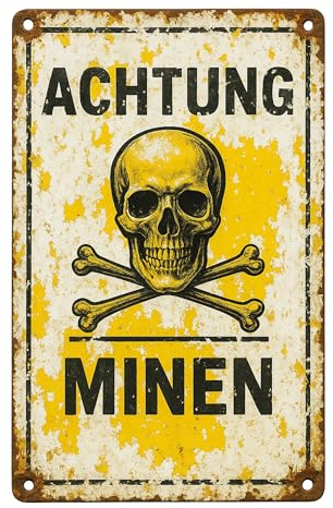 AstraDesign Blechschild „Achtung Minen“ 20x30 cm – gelbes Warnschild im Retro-Look – mit vorgebohrten Löchern – Dekoschild & Geschenkidee Schild für Garage, Werkstatt & Hobbyraum