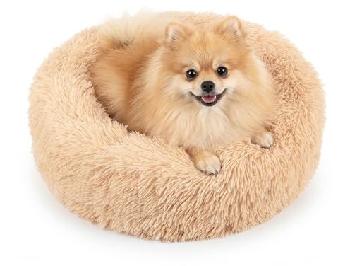 HAPPET Hundebett & Katzenbett 50 cm Beige – Flauschiges Plüsch Kuschelbett für kleine Hunde & Katzen, Rundes Donut Hundekissen mit Rutschfester Unterseite, Waschbares Haustierbett, Weiches Dog Bed