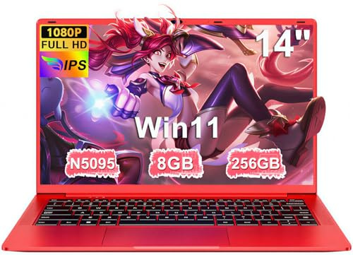 Ruzava Laptop 14 Zoll FHD IPS Display, Win11, Celeron N5095 (bis 2.9GHz), 8 GB RAM 256GB SSD Unterstützung 1TB, 5G WiFi, USB 3.0, 5000mAh, HDMl, Notebook PC QWERTY Deutsche Tastaturfolie - Rot Metall