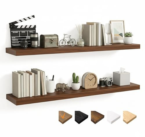 RICHER HOUSE Wandregale, 100 cm Schweberegal, Wandboard Holz mit unsichtbaren Halterungen, Holzregal Wand 2er-Set für Badezimmer, Schlafzimmer, Büro, Wohnzimmer, Küche (Walnuss, 100 x 23,5 x 3,8 cm)