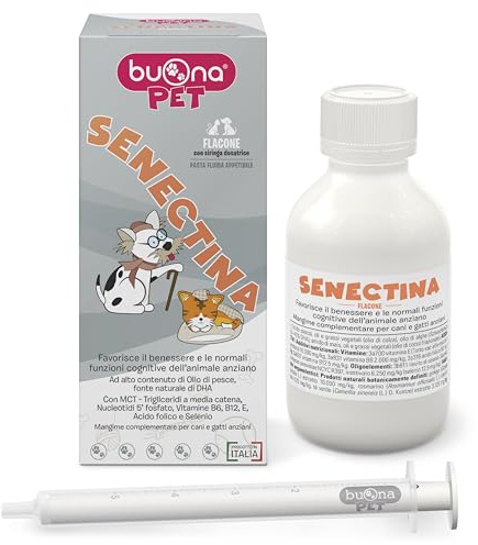 Senectina Buona Pet Integratore Cane Anziano e Integratore Gatto anziano Flacone 90g con Olio di Pesce fonte di Omega 3 Per Cani e Gatti, Mangime Complementare Pasta Fluida con Siringa Dosatrice