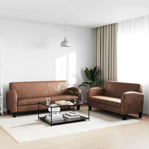 LoogCape Sofa-Set 2-TLG. Kunstleder Wildleder-Optik Braun, Komfortable Polsterung, Massivholzrahmen, Wohnzimmer Möbel Couchgarnitur für Zuhause, Langlebiges Design