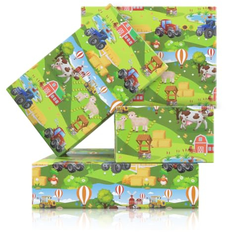 Boerni Geschenkpapier mit Bauernhoftieren, 4 gefaltete Bögen, grünes Bauernhofthema, Geschenkpapier mit Traktoren, Tieren, Heißluftballon, Blumen- und Baum-Design für Jungen, Mädchen, Geburtstag