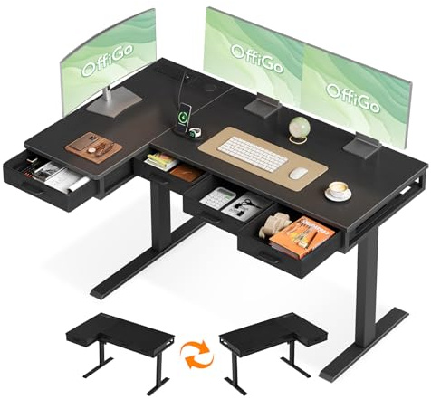OffiGo L Shaped Electric Standing Desk with 4 Drawers, 140×80cm, Black | Large L Shaped Desk with Socket, Height Adjustable Rising Table with Storage for Sit Stand Home Office Workstation