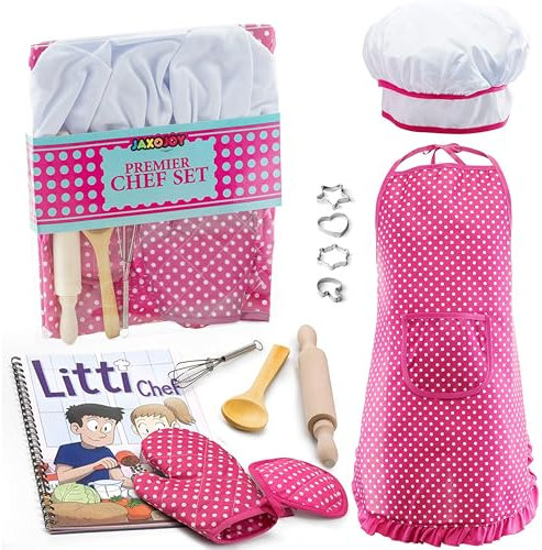 Kids Cooking and Baking Chef Set for Little Girls, Complete Cooking Sets, Toddler Dress Up & Pretend Play Costume Clothes, Kit w/ Pink Kid Chef Apron & Accessories, Kids Kitchen Toys 3-5 Years Old