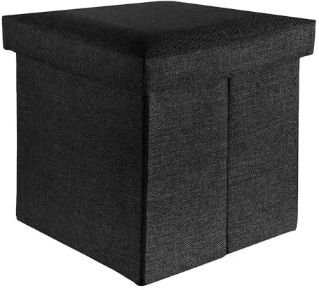 INTIRILIFE Faltbarer Sitzhocker 38x38x38 cm in Diamant SCHWARZ - Sitzwürfel mit Stauraum und Deckel aus Stoff in Leinen Optik - Sitzcube Fußablage Aufbewahrungsbox Truhe Sitzbank