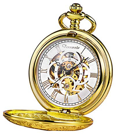 TREEWETO Unisex Taschenuhr mit Kette Analog Handaufzug Antik Graviert Römische Gold