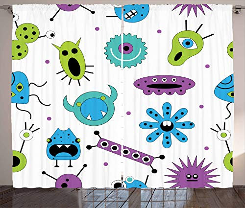 ABAKUHAUS Verrückt Rustikaler Vorhang, Bunte Monster Design-Virus, Wohnzimmer Universalband Gardinen mit Schlaufen und Haken, 280 x 260 cm, Mehrfarbig