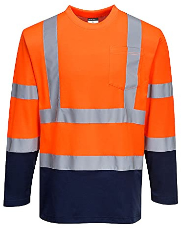 Portwest S280 Zweifarbiges Langärmeliges Baumwoll-T-Shirt Langarm Baumwolle | Orange/Marine, 3XL, UPF 40+, EN ISO 20471 Klasse 2, Verschweißte Kragennaht, Grosszügige Passform, Reflektierendes Band
