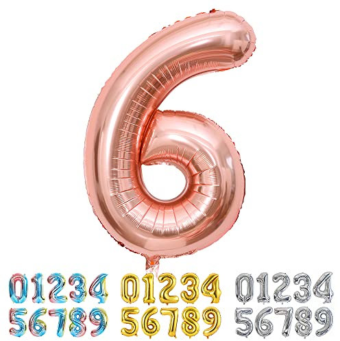 Ponmoo Foil Palloncini Numeri 6 Oro Rosa, Gigante Numero 0 1 2 3 4 5 6 7 8 9 10-19 20-29 30 40 50 60 70 80 90 100, Gonfiabili Pallone per Anniversario, Decorazione Feste di Compleanno Palloncino