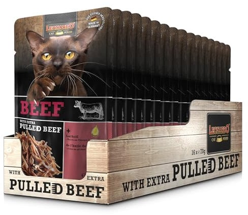 LEONARDO Frischebeutel [16x70g Beef mit Fleischstreifen] Pulled Beef | Getreidefreies Nassfutter für Katzen | Alleinfuttermittel Katzenfutter