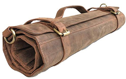 Chef's Knife Roll Case Heavy Duty Holds 12 Knifes Kitchen Storage Cutlery Carrier Zipper For Culinary Tools Easily Carried By Shoulder Straps For Professional Chef's Great Gift (Buff Leather)