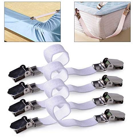 SDMAX Bed Sheet Holder clip Elastic Fasteners Grippers Braces Metal Clips Sheet Mattress Corner Straps Ideal For Ironing Board Covers,White 4x