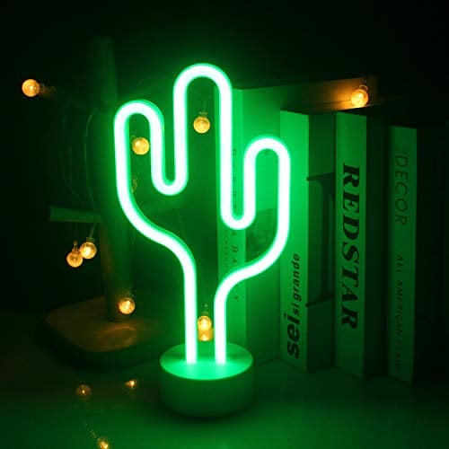 Insegne al neon a led di cactus con base premium per bambini Stand luci notturne USB/Batteria Lampada decorativa verde per camera per bambini Decorazioni per feste di compleanno