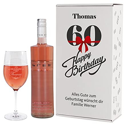 Herz & Heim® Geburtstagsgeschenk zum 60. Geburtstag - Bree Wein-Präsent mit graviertem Weinglas in Geschenkverpackung Rosé