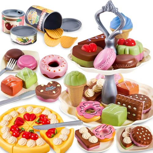 LINFUN KIDS Giocattoli da Dolce, Set Cibo Giocattolo per Bambini con Alzata per Dessert, Accessori Cucina Alimenti Giocattolo, Gioco di Ruolo Regalo per Bambini Bambina 3 4 5 Anni
