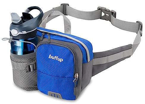 buffup®Bauchtasche mit flaschenhalter,hüfttasche Sport für Outdoor hundetraining Radfahren wandern Laufen,gürteltasche Damen Herren groß blau