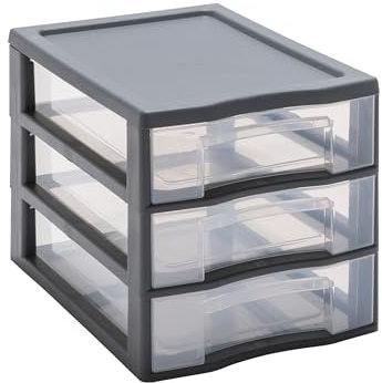 SUNDIS Tag Tower, schubladenbox aus Kunststoff, grau, 3 transparente Schubladen für A4-Papier, Höhe 25,5 cm, stapelbar, ideal für Schreibtisch, Unterricht, Dokumente, Zubehör