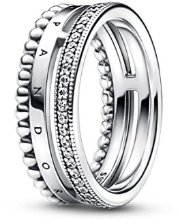 PANDORA Signature Anello con logo con pavé e perline in argento Sterling con zirconia cubica trasparente, 50