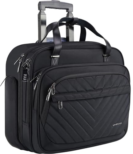 VANKEAN Rollende Laptoptasche Frauen mit Rädern, passend für bis zu 15,6 Zoll Rollende Aktentasche Wasserabweisend Rollende Computertasche mit RFID-Taschen für Reisen/Business/Schule,Schwarz