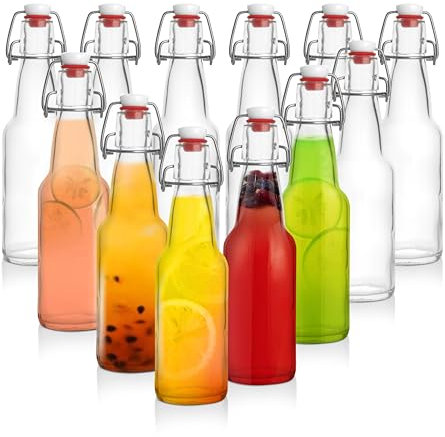 Barcaloo Set di 12 bottiglie di birra in vetro trasparente con tappo a ribalta da 350 ml, per birra e vino, per birra e vino, a conduzione familiare