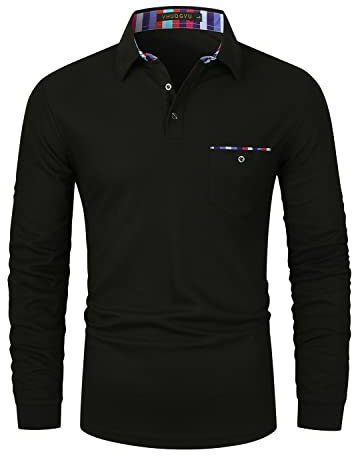 VHUQGVU Herren Poloshirt Langarm Golf T-Shirt Kontrast Tasche Polohemd M-3XL,Schwarz,L