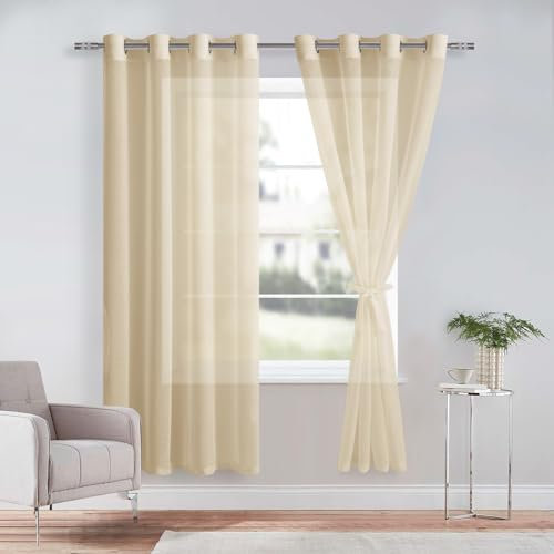 DWCN Gardinen mit ösen Transparent Gardine Voile Ösenvorhang Sheer Voile Vorhang Transparente mit Vorhang-Krawatten, Beige, 160x132cm(HxB)