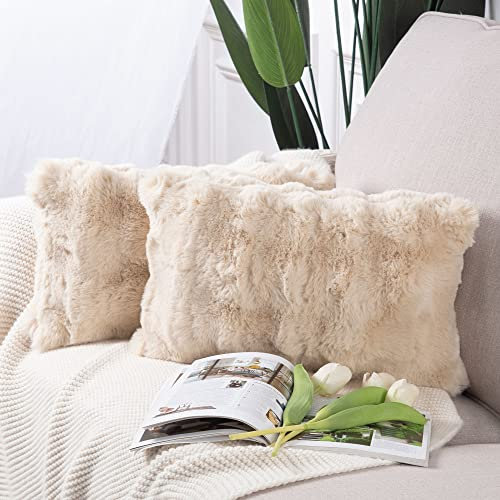 Madizz Pack of 2 Thick Plush Wool Cushion Covers 30x50 cm Beige Soft Neutral Decorative Throw Pillow Covers Accent Boho Pillowcases for Couch Sofa Bedroom Pillow Shell