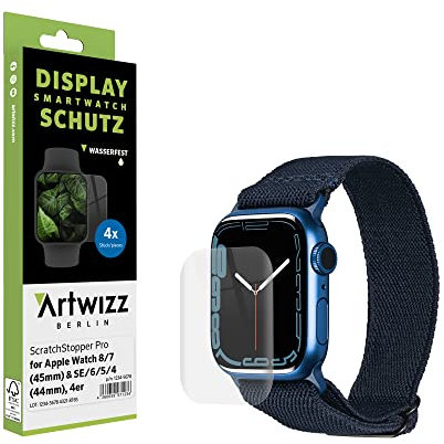Artwizz ScratchStopper PRO Schutzfolie kompatibel mit Apple Watch 9 8 7 [45mm] SE 6 5 4 [44mm] 4er Pack, Ultra-Dünn, Auto-Heal, Blasenfrei, Wasserfest