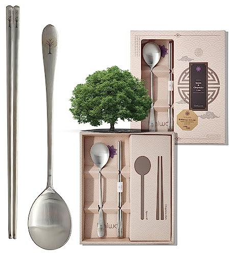 BALWOO [5 Sets] [Made in Korea] Korean Sticky Rice Spoon Chopsticks Set Gold Titanium Plating 304 Stainless Steel Tableware Cutlery Set Mukbang Chopsticks (Willow Tree, 5 Sets)