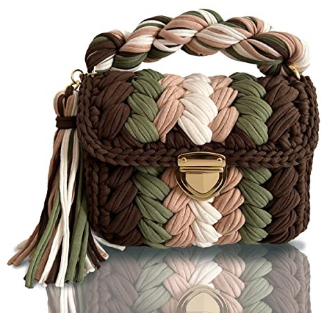 CHQEL - Pochette da sera da donna, fatta a mano all'uncinetto, borsa per festa di nozze, con piccola patta, a tracolla, Autunno.