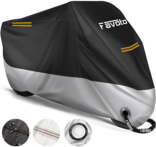 Favoto Verbesserte Version Motorrad Abdeckplane Outdoor Motorradabdeckung mit Schlüsselloch 3 Reflexionsstreifen Schützt vor UV Regen Schnee Staub Silber Schwarz 220cmx105cmx125cm