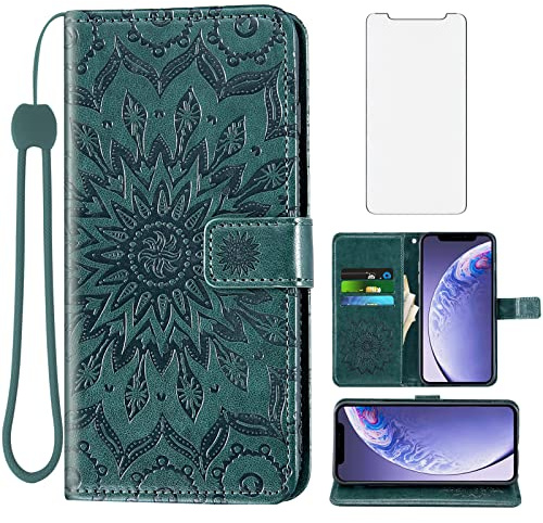 Phone Case for iPhone 11 6.1 Wallet Cases with Tempered Glass Screen Protector and Leather Flip Cover Card Holder Stand Cell Accessories iphone11case iPhone11 i Phone11 XI 11R Women Men Dark Green