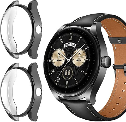 Niboow Case [2 Pack] for Huawei Watch Buds, with Screen Protector, Flexible TPU Shockproof Scratch Proof Cover Case for Huawei Watch Buds - Black + Black