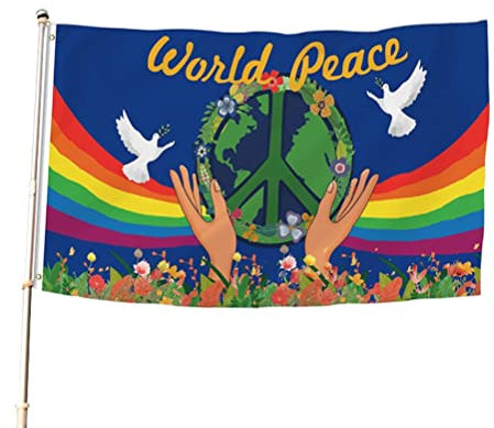 Hztyyier Weltfriedens Flagge Taube Regenbogen Zeichen Doppelt Bedruckte Weltfriedens Banner Flagge für Dekoration Im Freien mit -Fade-beständigem